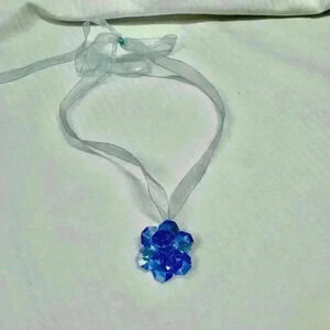 Ocean Blue Lotus Pendant Necklace Sheer Ribbon Crystal Boho Lightcore Y2K